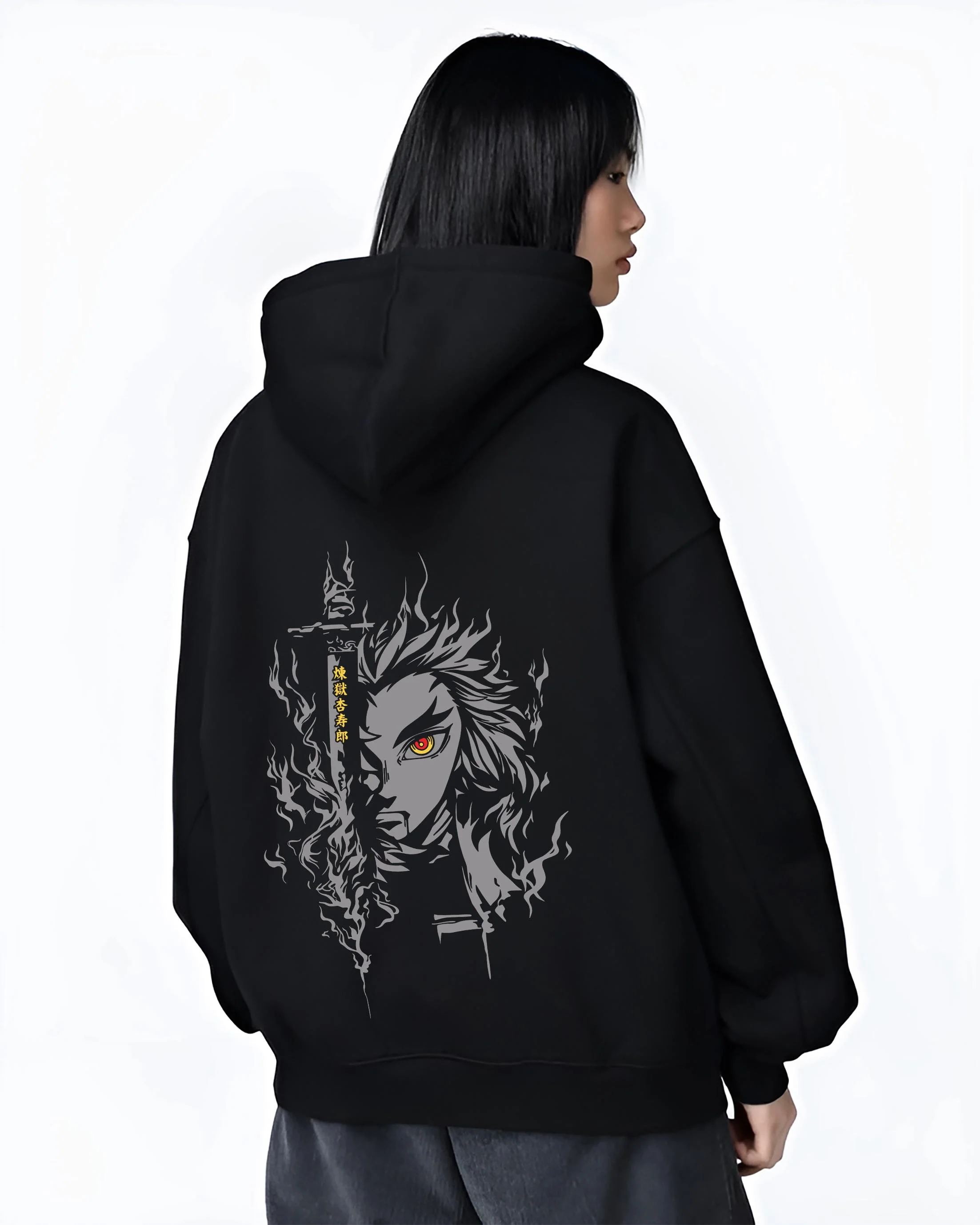 Kyojuro Rengoku Flame Hashira Demon Slayer Grey Hoodie - Image 4